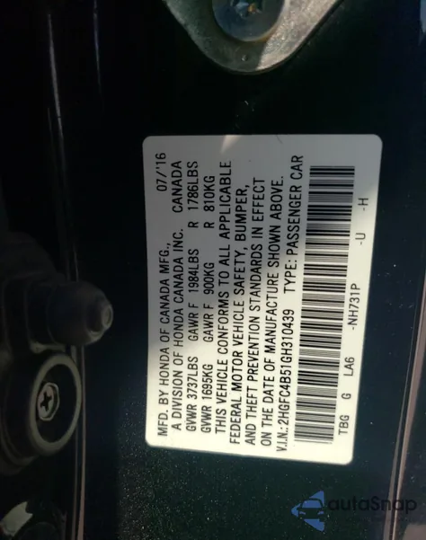 2016 Honda Civic Lx from USA, damaged, VIN 2HGFC4B51GH310439